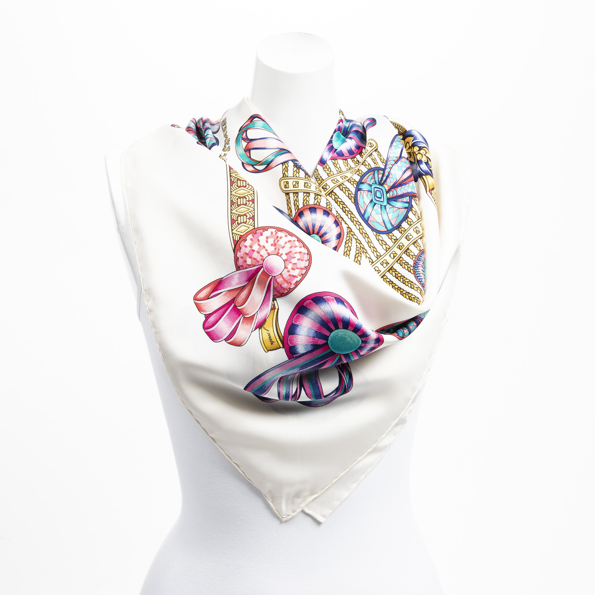 Hermes Scarf In CreamGoldBlue 100 Twill Silk